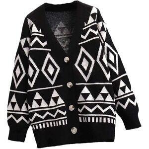 Knitted Cotton Plaid Cardigan Autumn Winter Sweater Women Vintage One Size